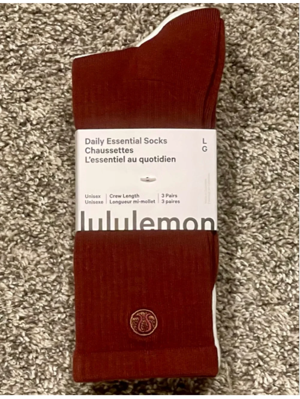 Lululemon Unisex Daily Essential Crew Socks, 3-Pack, Size Large, NWT